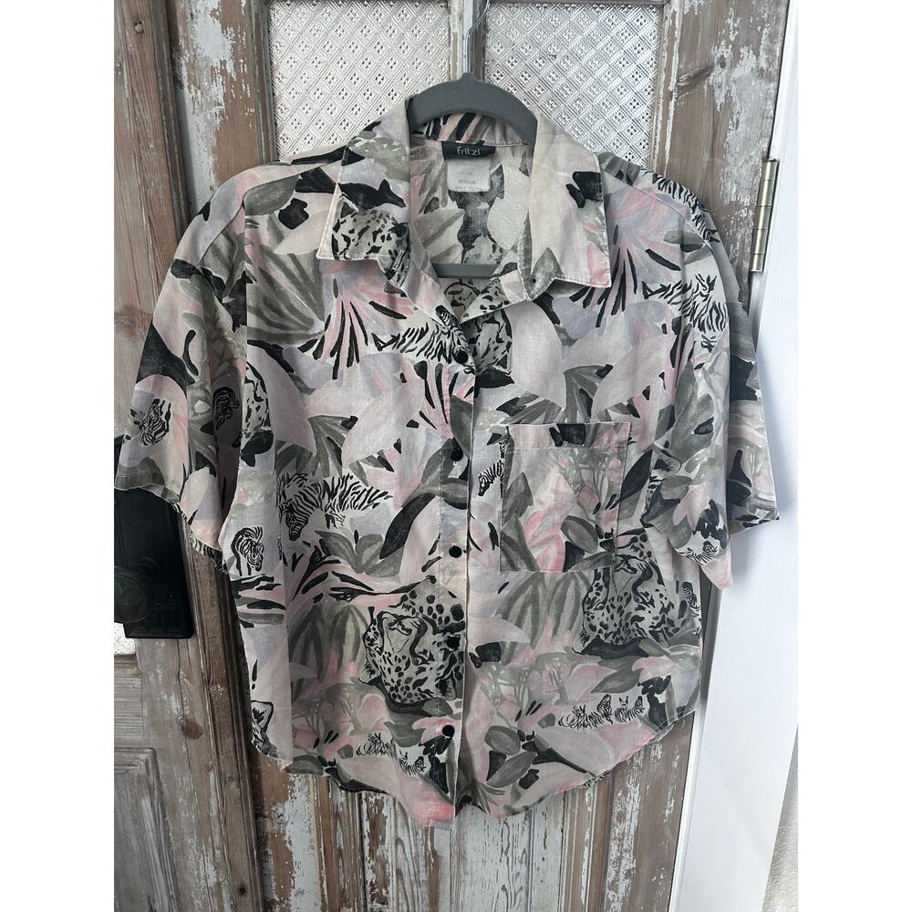 Women Vintage 80s Fritzi Cheetah Zebra Hawaiian Shirt Size M